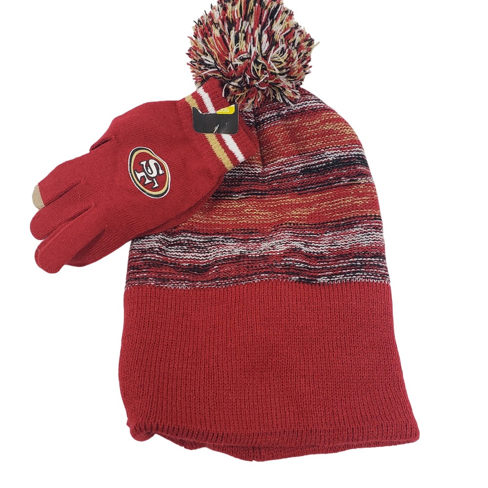 49ers Beanie and Gloves Set‎ Touchscreen Knit Hat with Pom Red NFL Football